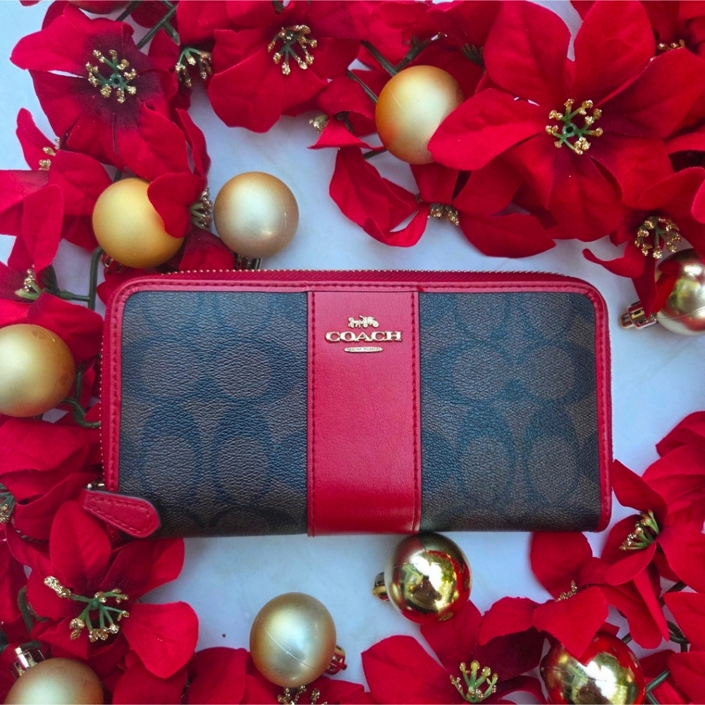 Coach Signature Colorblock Dark Brown/Red Leather Accordion Zip Wallet. #54630